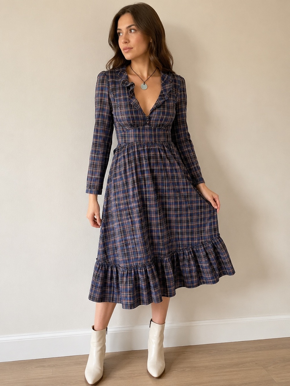 J crew Plaid Midi Dress in Blue & Brown Size Medium NWT